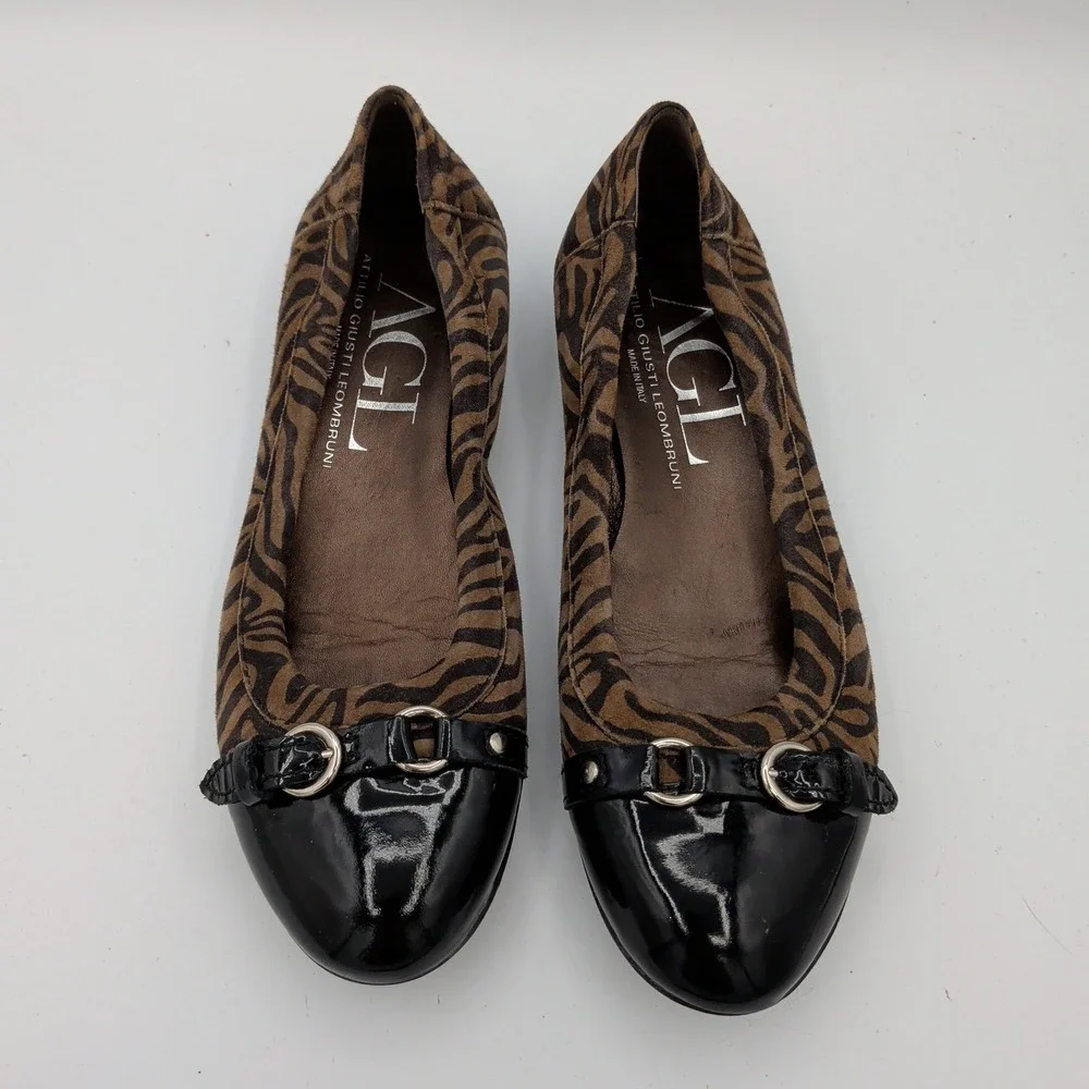 AGL Monica Ballet Flats Zebra Print Cap Toe Ballet Flats Brown Black 38 Womens 8